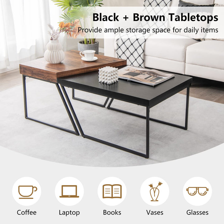 Giantex Stacking Coffee Table Set of 2, Black &amp; Brown Modern Side Table