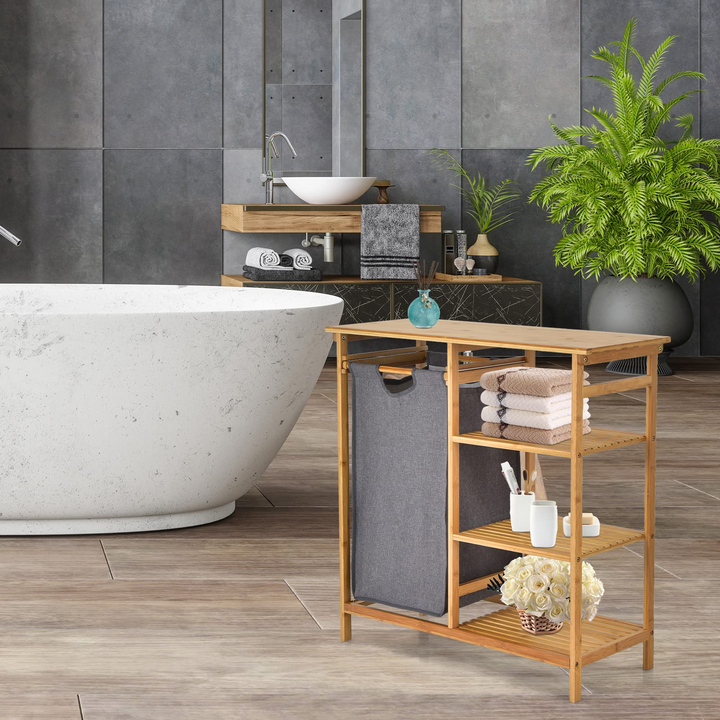 Freestanding Laundry Organizer w/ Removable Sliding Bag &amp; 3-Tier Open Shelves