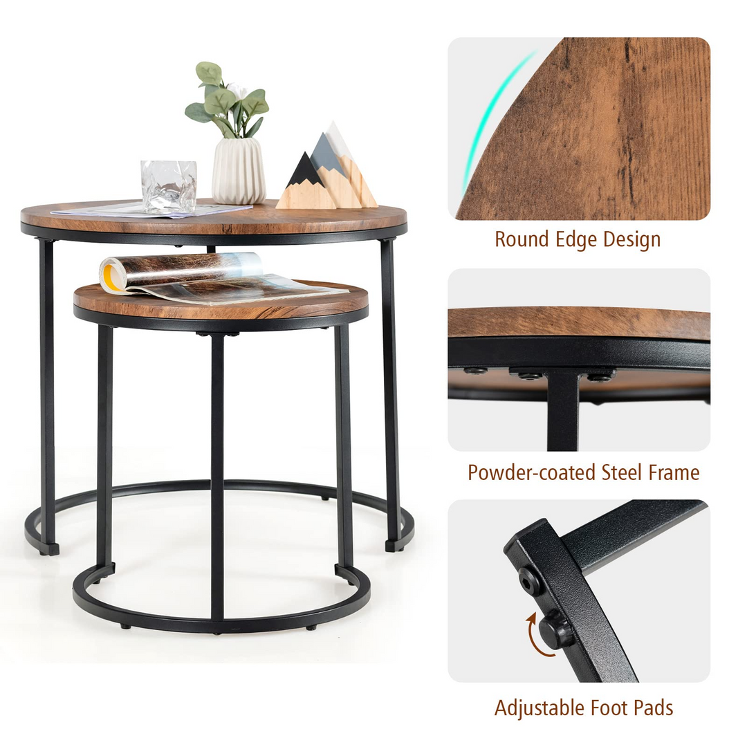 Nesting Coffee Table Set of 2, Round Stacking Side Tables w/Wooden Tabletop &amp; Steel Frame