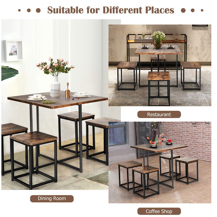 5 Piece Dining Table Set, Dining Set for 4 with Square Stools, Walnut &amp; Black