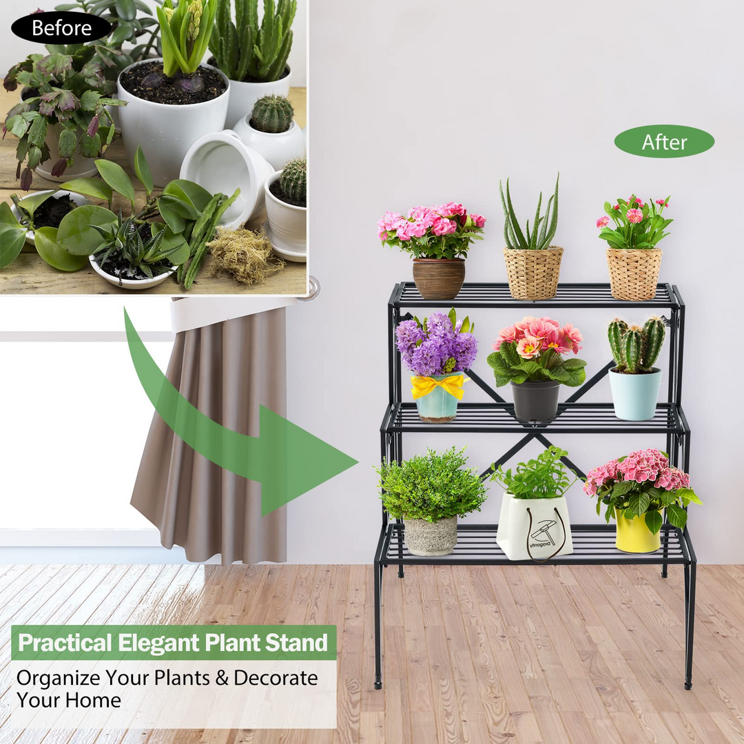 Ladder Style Flower Pot Stand with Widened Grid Shelf &amp; Non-Slip Foot Pads, 3 Tier