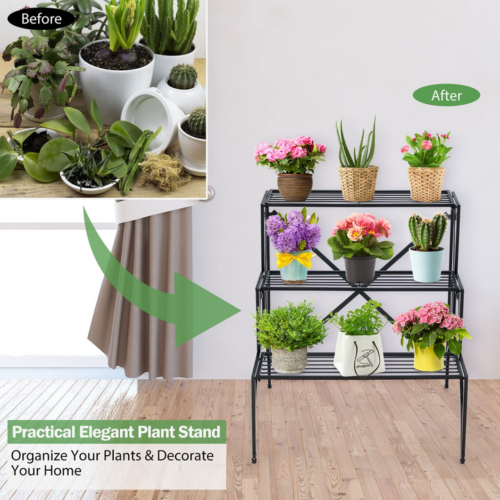 Ladder Style Flower Pot Stand with Widened Grid Shelf &amp; Non-Slip Foot Pads, 3 Tier