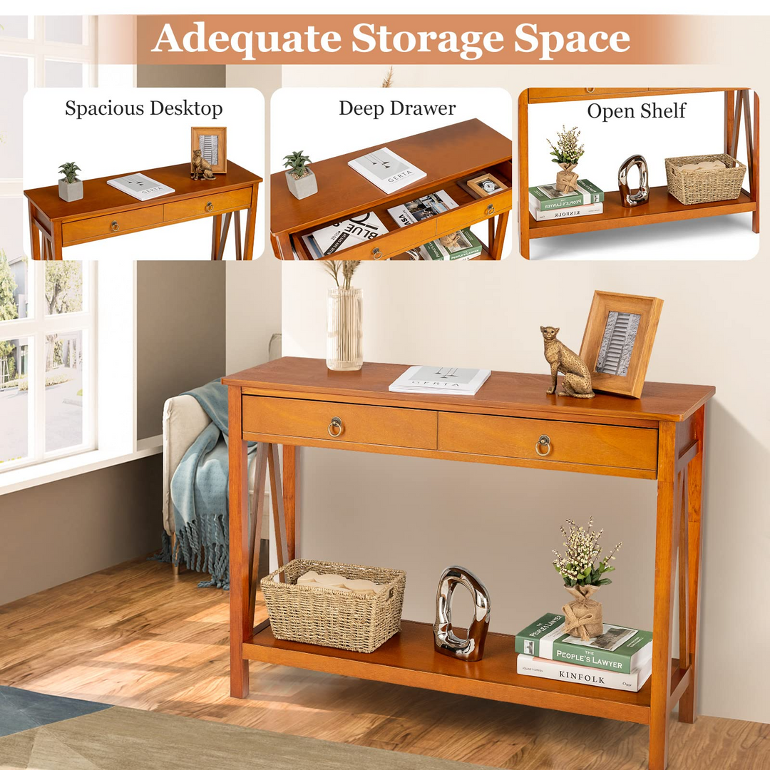Console Table Entryway Sofa Side Table with 2 Drawers &amp; Open Shelf