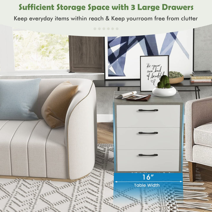 Giantex Storage Drawer Dresser - Wood End Table, Night Stand with 3 Drawers (1, White &amp; Gray)