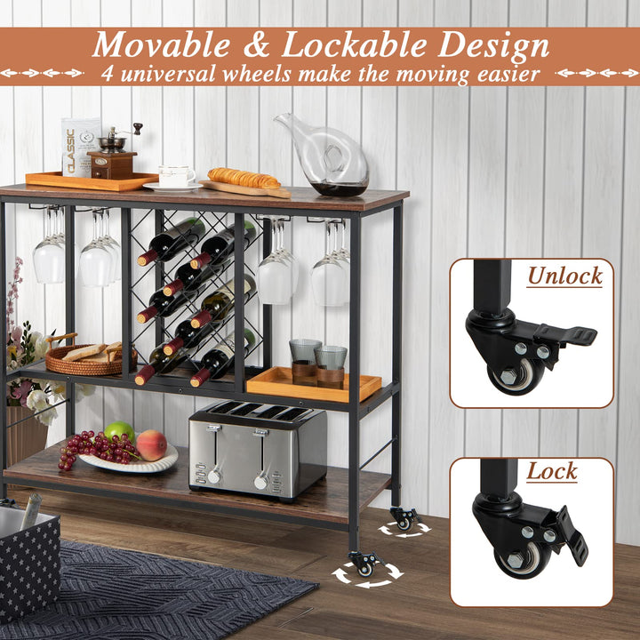 Giantex 3-Tier Wine Bar Cabinet - on Wheels, 8 Bottles Rack &amp; 12 Glasses Hanger (Rustic Brown &amp; Black)