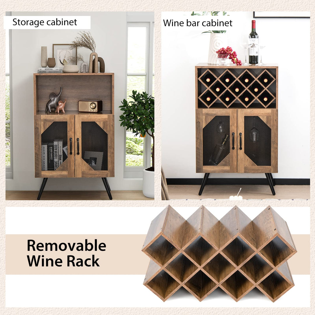 Giantex Farmhouse Buffet Cabinet with Storage, Wine Bar Cabinet 11 Bottles Rack (Brown &amp; Black)