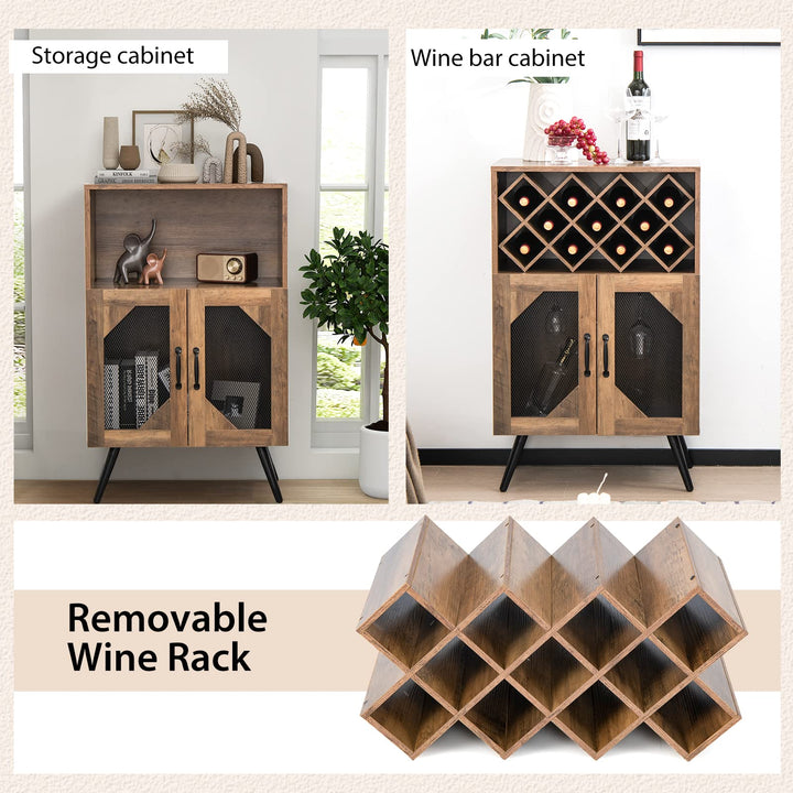 Giantex Farmhouse Buffet Cabinet with Storage, Wine Bar Cabinet 11 Bottles Rack (Brown &amp; Black)
