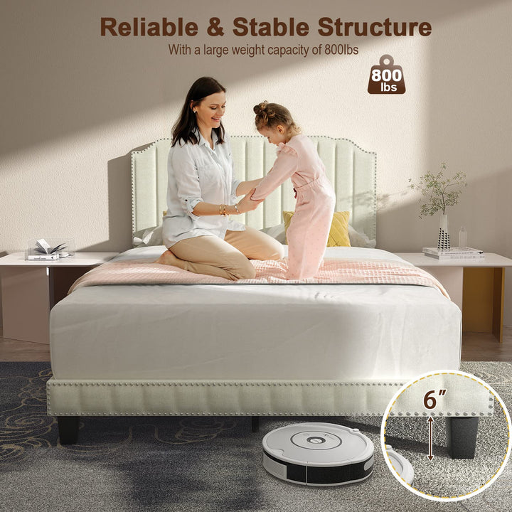 Giantex Queen/Full/Twin Size Upholstered Bed Frame, Linen Platform Bed w/Rivet Headboard, Heavy Duty Mattress Foundation