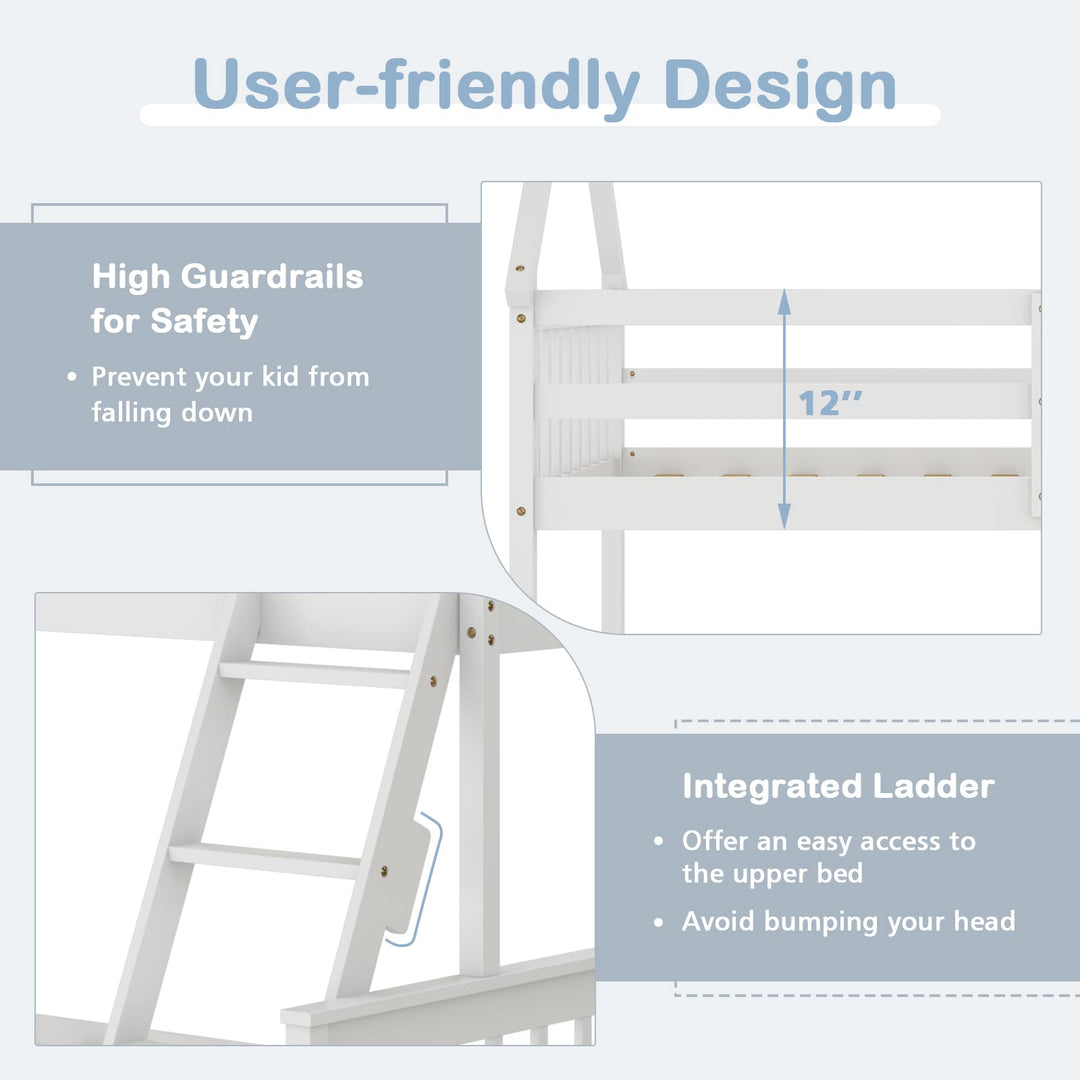 Giantex Twin Over Full House Bunk Bed, Floor Low Bunk Bed Frame w/Integrated Ladder &amp; Safety Guardrails