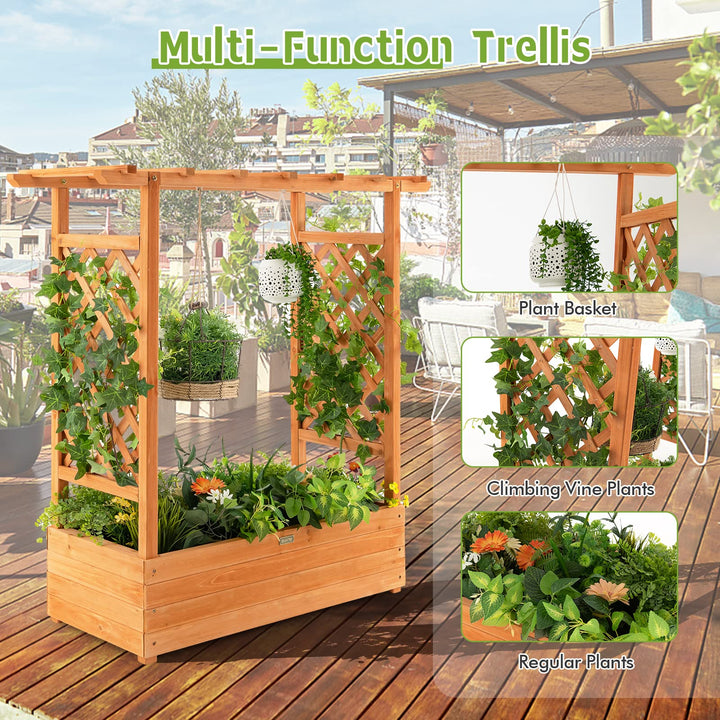 Giantex Raised Garden Bed with Trellis, Wood Planter Box with Roof &amp; Side Trellis, Drain Holes