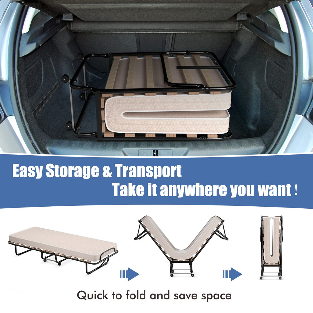 Giantex Folding Bed with Mattress for Adults, 75" x 32" Rollaway Guest Beds w/ 3 Inch Foam Mattress &amp; Sturdy Metal Frame