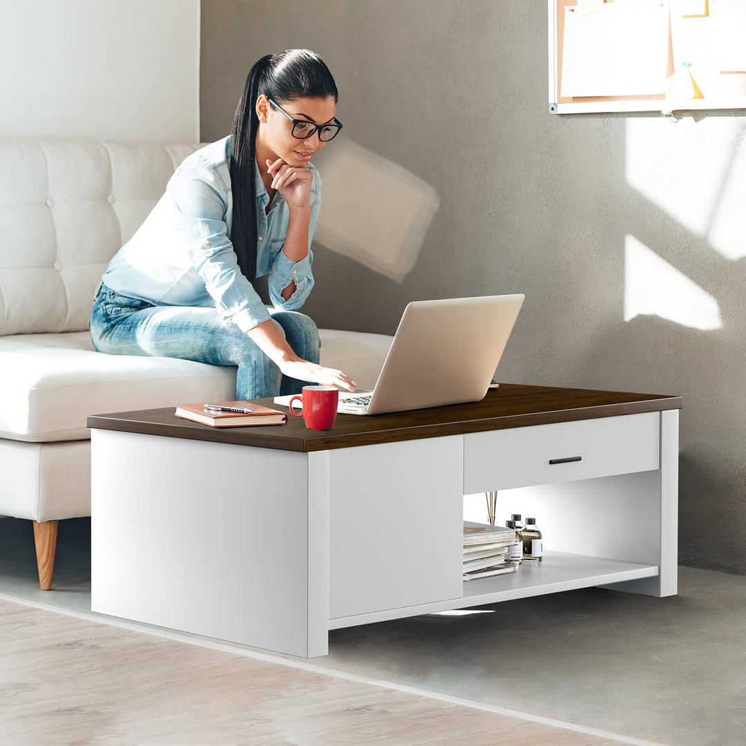 Modern Couch Table with Front &amp; Back Drawers &amp; Compartments, 47.2"x23.6"x16.1"