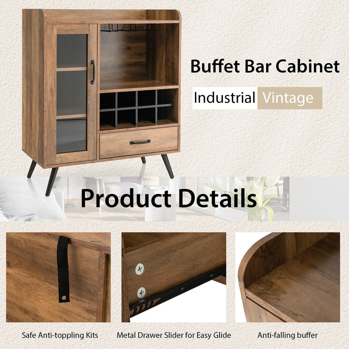 Giantex Buffet Sideboard with Drawer, Wine Cabinet for 8 Bottles, Glass Holder, 3 Tier Cupboard Tempered Glass Door (Rustic Brown &amp; Black)