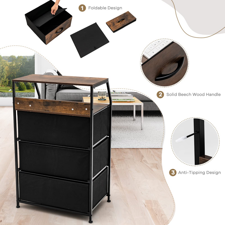 Giantex 3 Drawers Dresser, Storage Tower w/ 3 Foldable Fabric Drawers &amp; Open Shelves