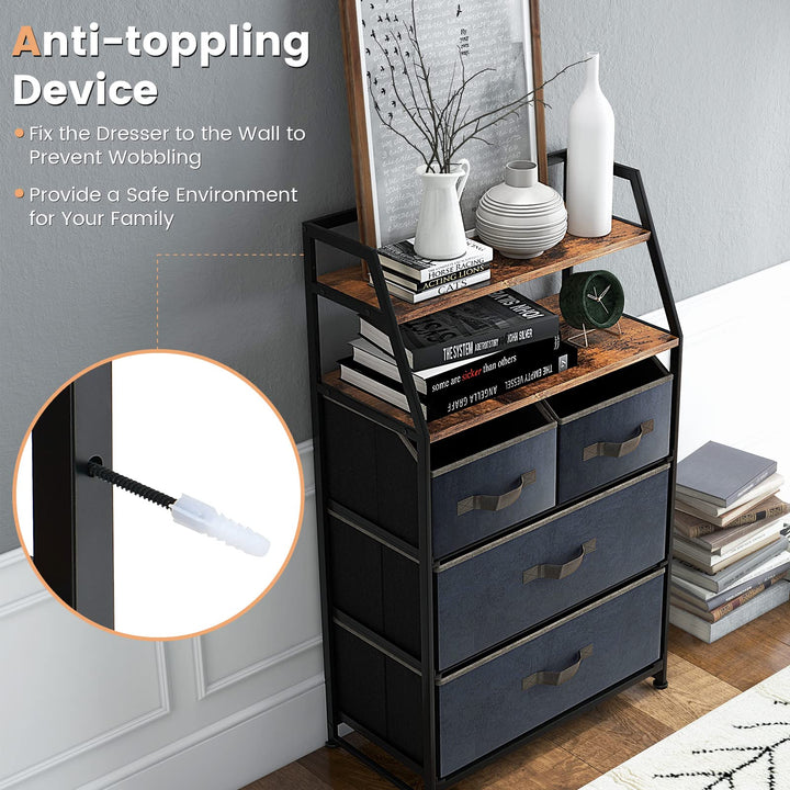 Giantex 4-Drawer Storage Dresser for Bedroom - Tall Storage Tower Unit with 2-Tier Shelf &amp; Fabric Bins