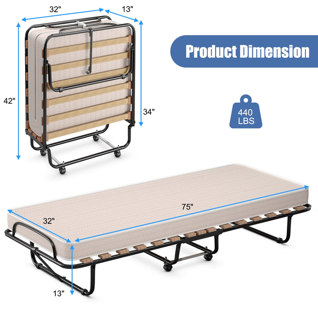Giantex Folding Bed with Mattress for Adults, 75" x 32" Rollaway Guest Beds w/ 3 Inch Foam Mattress &amp; Sturdy Metal Frame