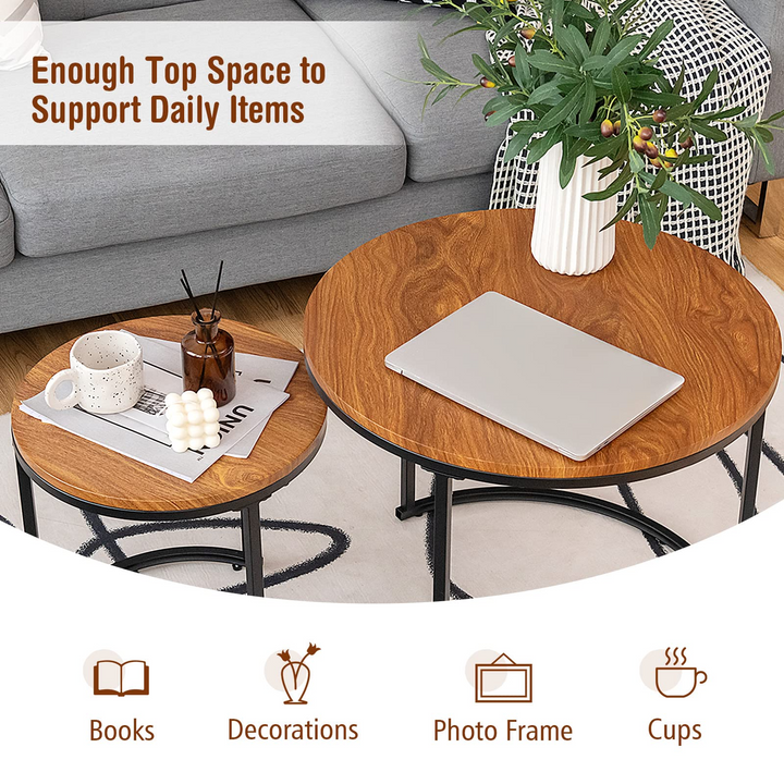 Nesting Coffee Table Set of 2, Round Stacking Side Tables w/Wooden Tabletop &amp; Steel Frame