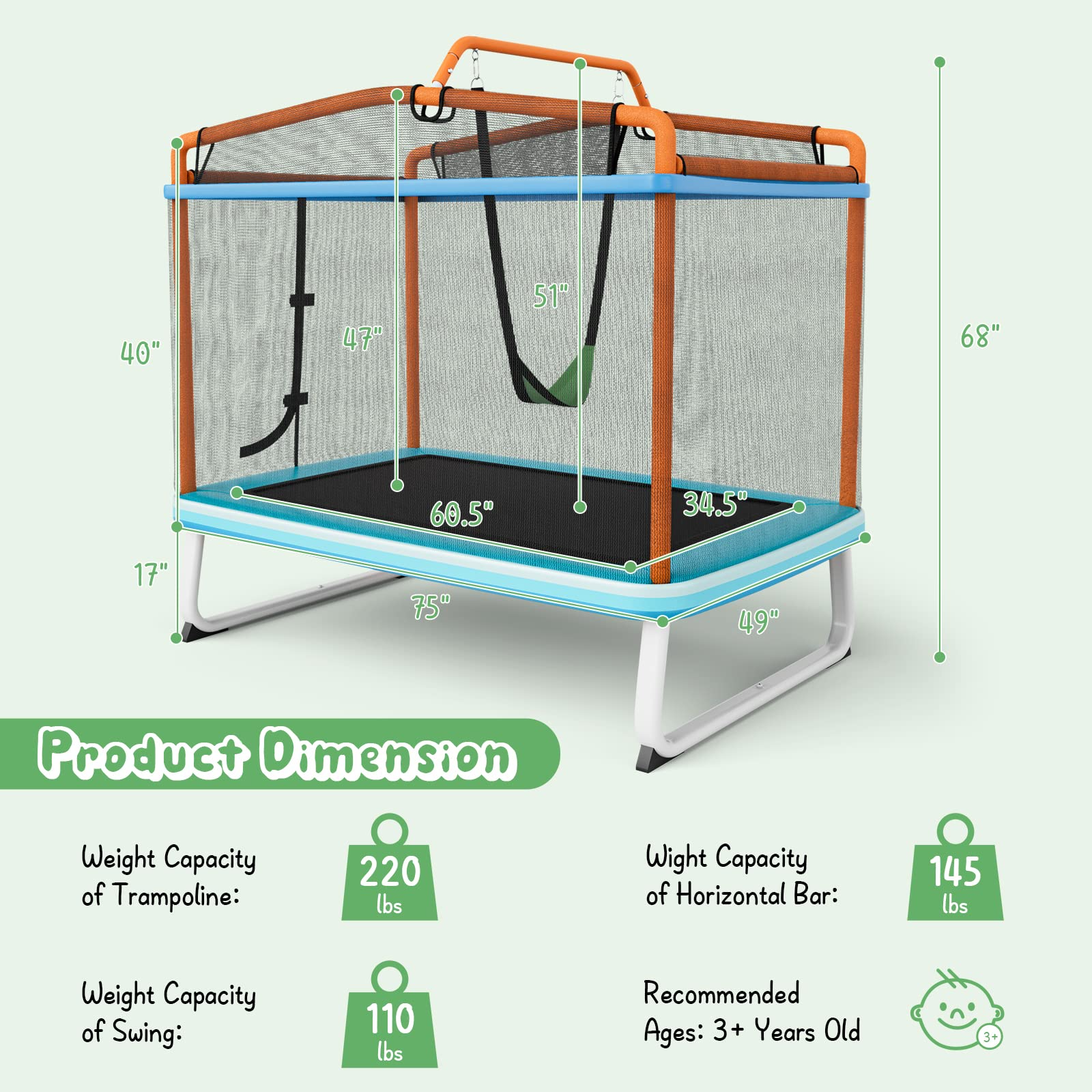 Giantex 6Ft Kids Trampoline with Swing and Horizontal Bar