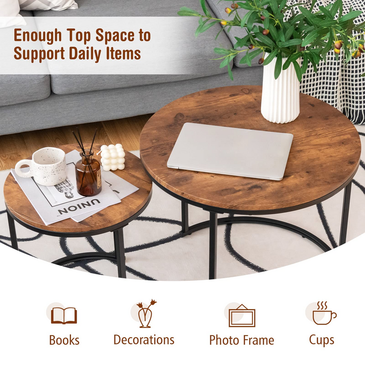 Nesting Coffee Table Set of 2, Round Stacking Side Tables w/Wooden Tabletop &amp; Steel Frame