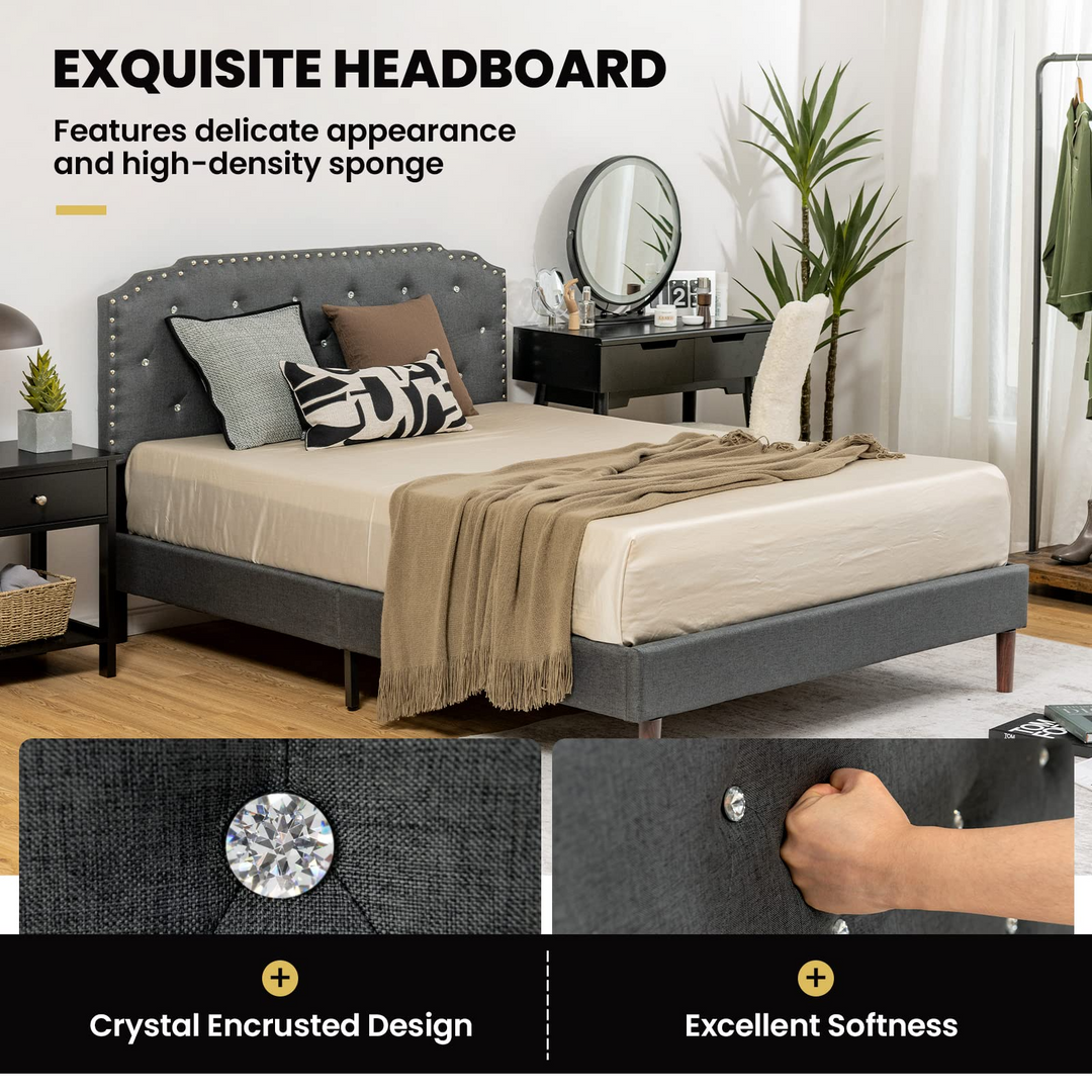 Upholstered Queen/Full Size Bed Frame w/ Adjustable Headboard, Crystal Tufted Soft Platform Bed Frame w/ Wooden Slats