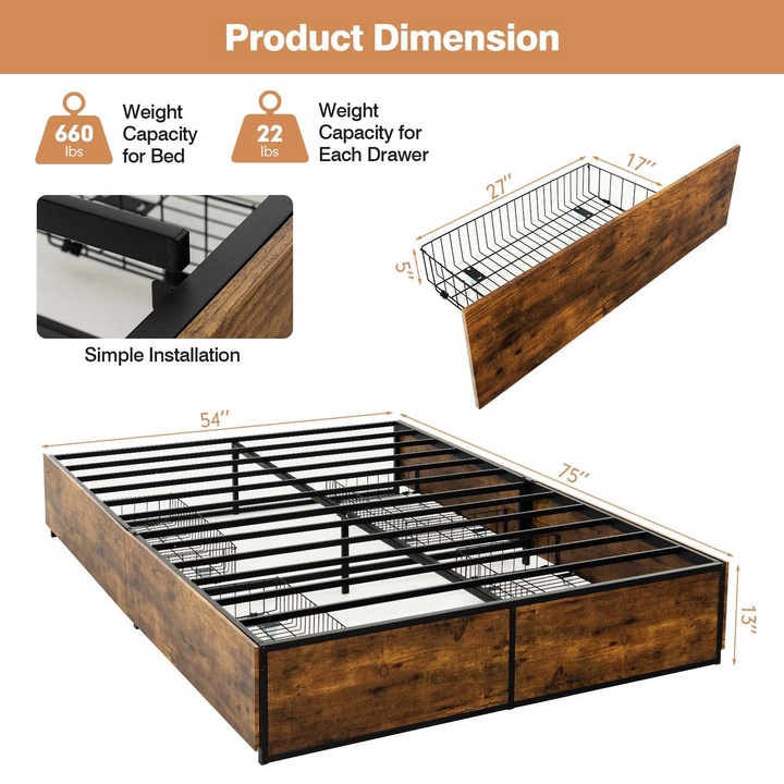 Giantex Queen/Full Size Metal Bed Frame with 4 Drawers