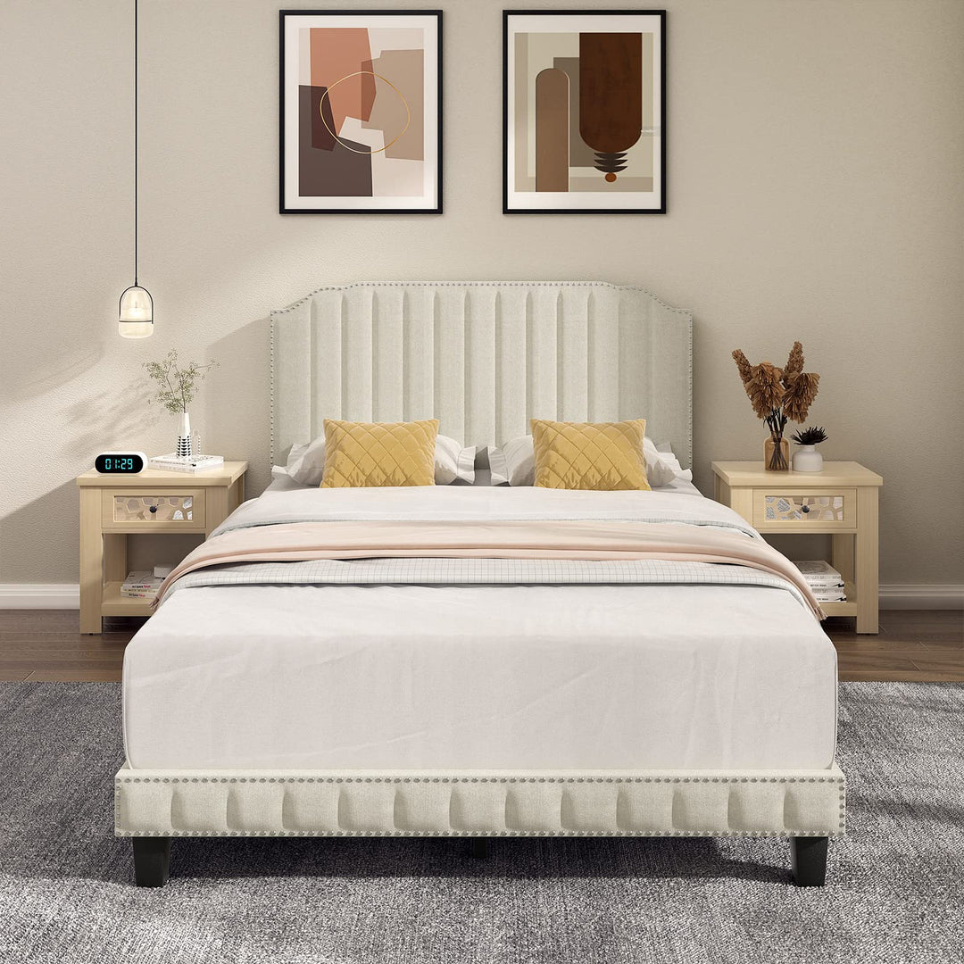 Giantex Queen/Full/Twin Size Upholstered Bed Frame, Linen Platform Bed w/Rivet Headboard, Heavy Duty Mattress Foundation