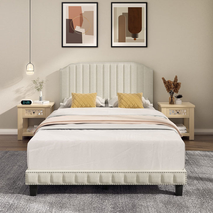 Giantex Queen/Full/Twin Size Upholstered Bed Frame, Linen Platform Bed w/Rivet Headboard, Heavy Duty Mattress Foundation