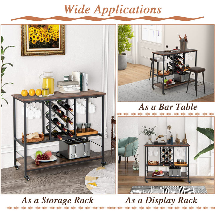 Giantex 3-Tier Wine Bar Cabinet - on Wheels, 8 Bottles Rack &amp; 12 Glasses Hanger (Rustic Brown &amp; Black)