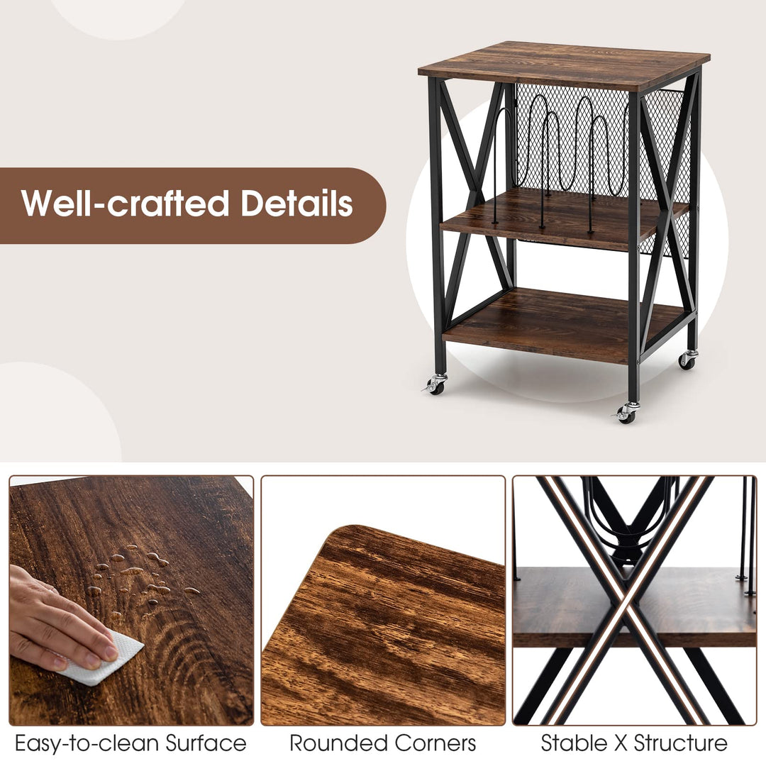Giantex Record Player Stand, Vinyl Record Storage Table w/ 3 M-shaped Dividers &amp; 4 Rolling Wheels, Rustic Brown