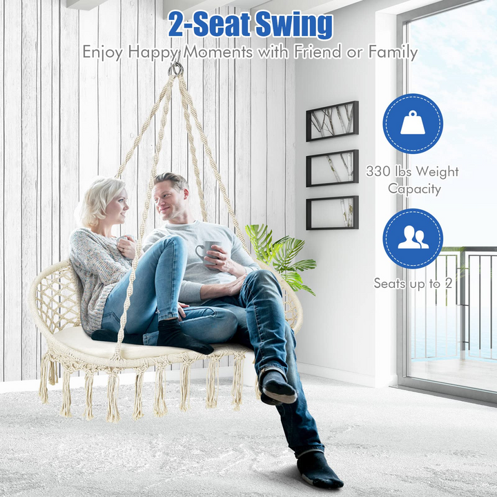 Hammock Chair 2 Seat, Macrame Hanging Chair with Cushion