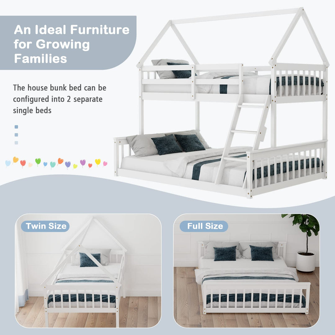 Giantex Twin Over Full House Bunk Bed, Floor Low Bunk Bed Frame w/Integrated Ladder &amp; Safety Guardrails