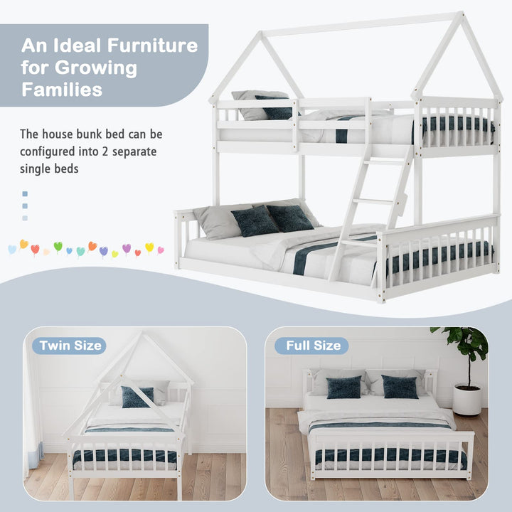 Giantex Twin Over Full House Bunk Bed, Floor Low Bunk Bed Frame w/Integrated Ladder &amp; Safety Guardrails
