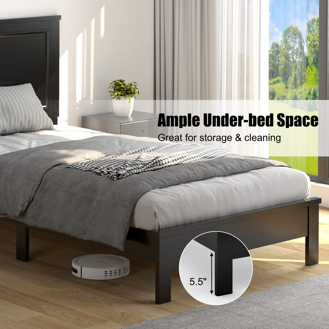 Queen/Full/Twin Size Platform Bed w/ Rubber Wood Legs &amp; Integrated Headboard | Wooden Bed Frame