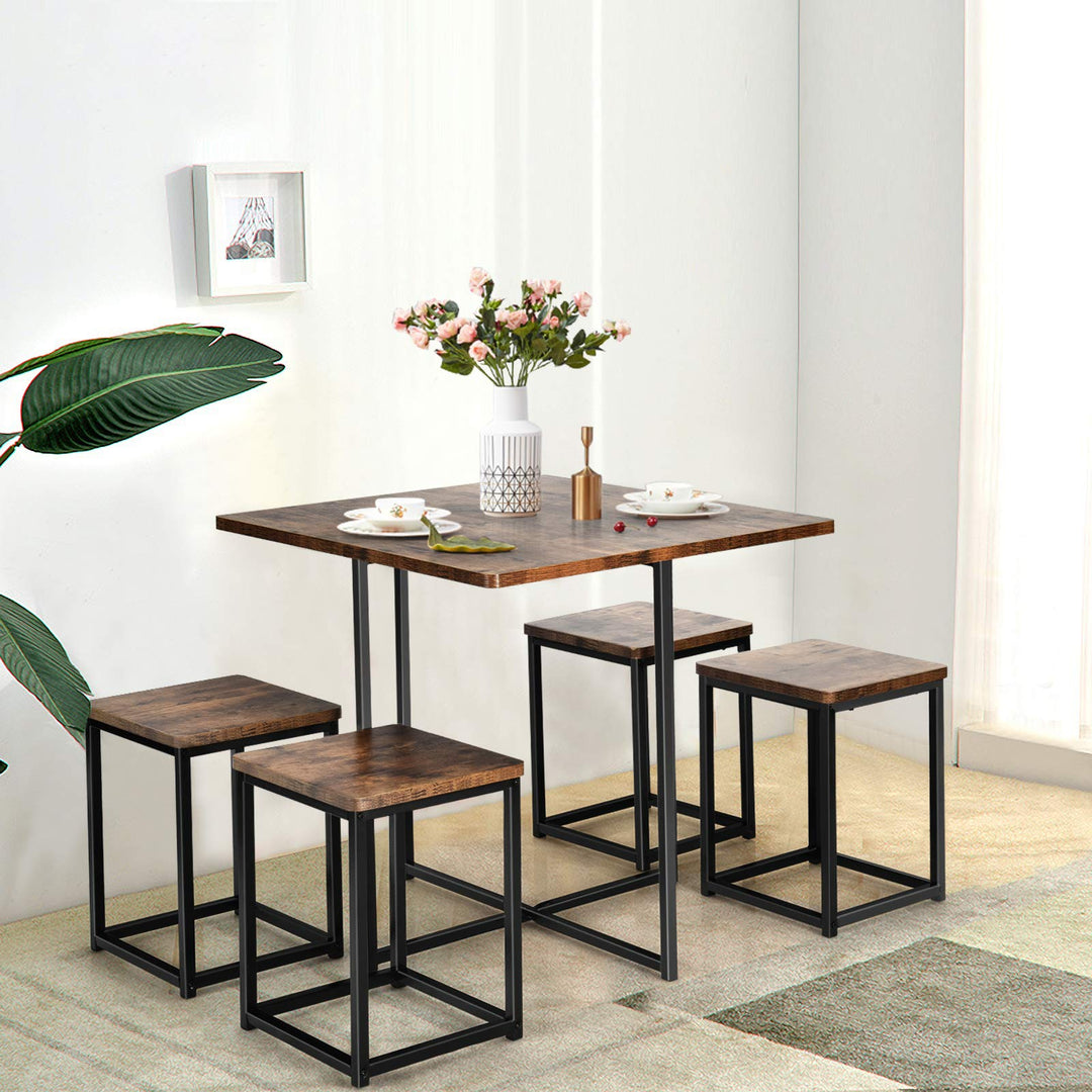 5 Piece Dining Table Set, Dining Set for 4 with Square Stools, Walnut &amp; Black
