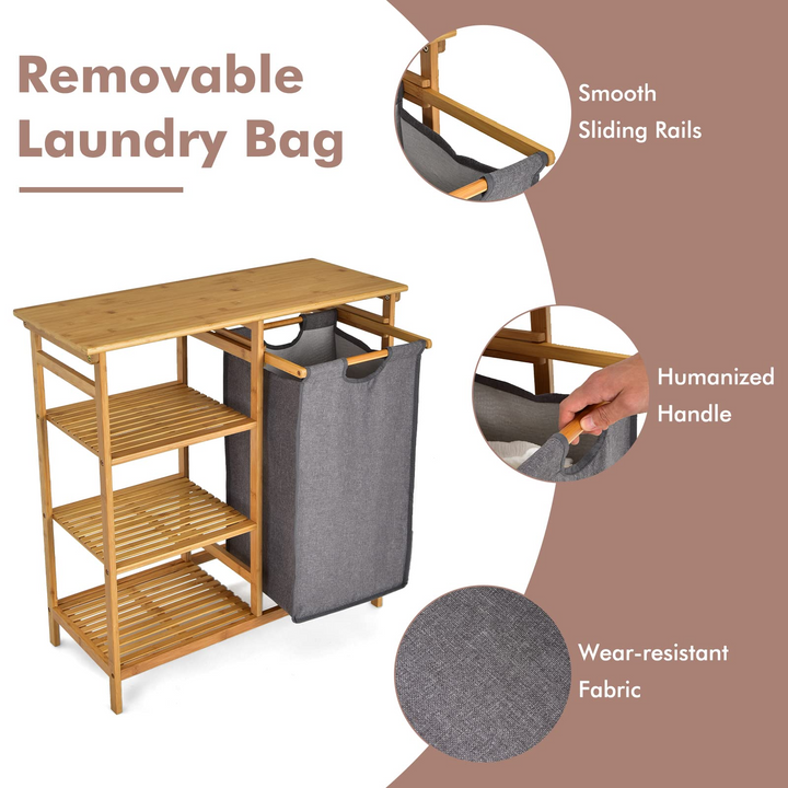 Freestanding Laundry Organizer w/ Removable Sliding Bag &amp; 3-Tier Open Shelves