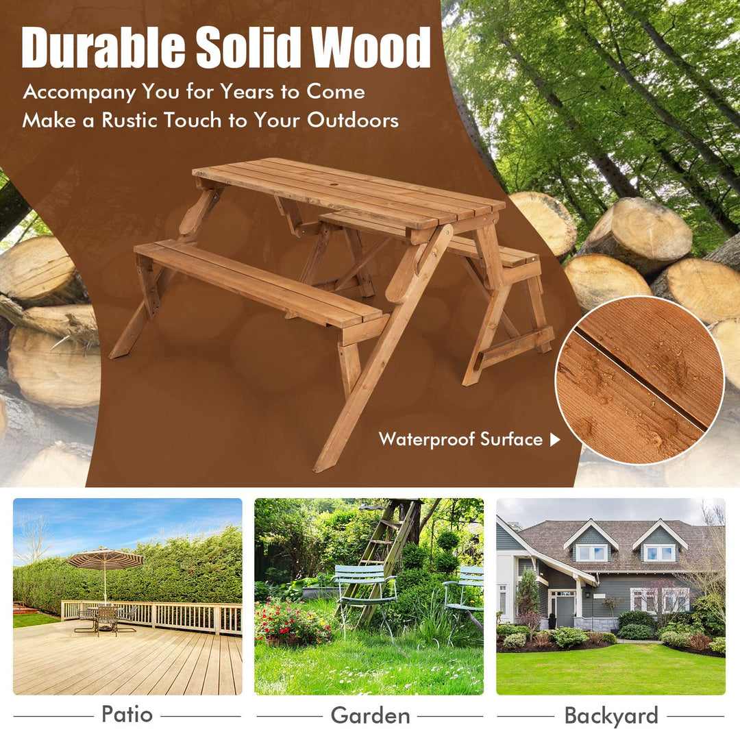 Giantex Wooden Picnic Table Set, 2 in-1 Folding Picnic Bench Set Transforming Interchangeable