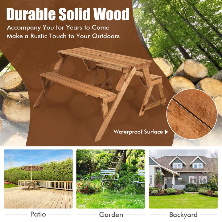 Giantex Wooden Picnic Table Set, 2 in-1 Folding Picnic Bench Set Transforming Interchangeable