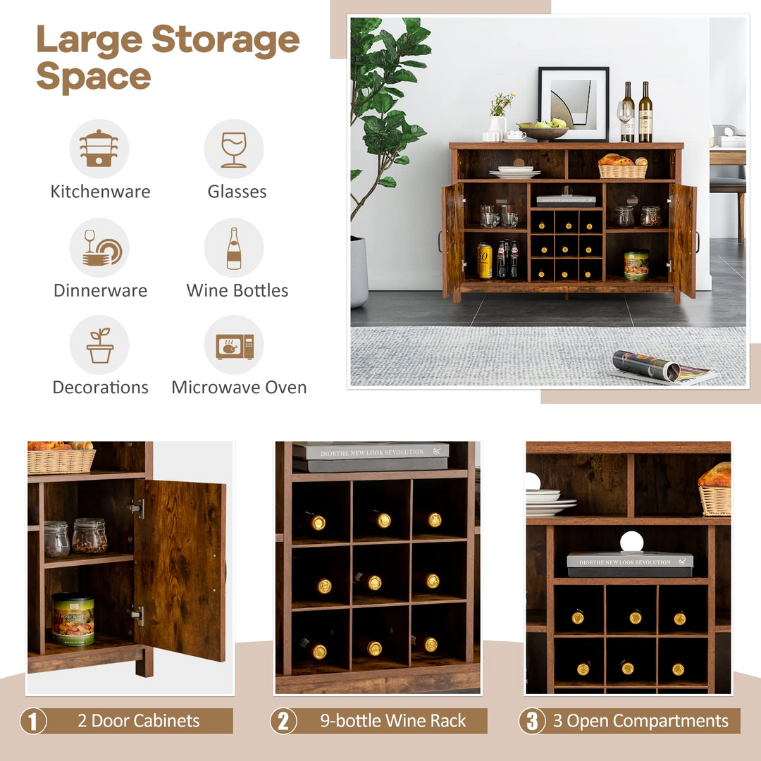 Giantex Buffet Sideboard, Farmhouse Kitchen Storage Cabinet, 9-Bottle Wine Rack &amp; 2 Door Cabinets