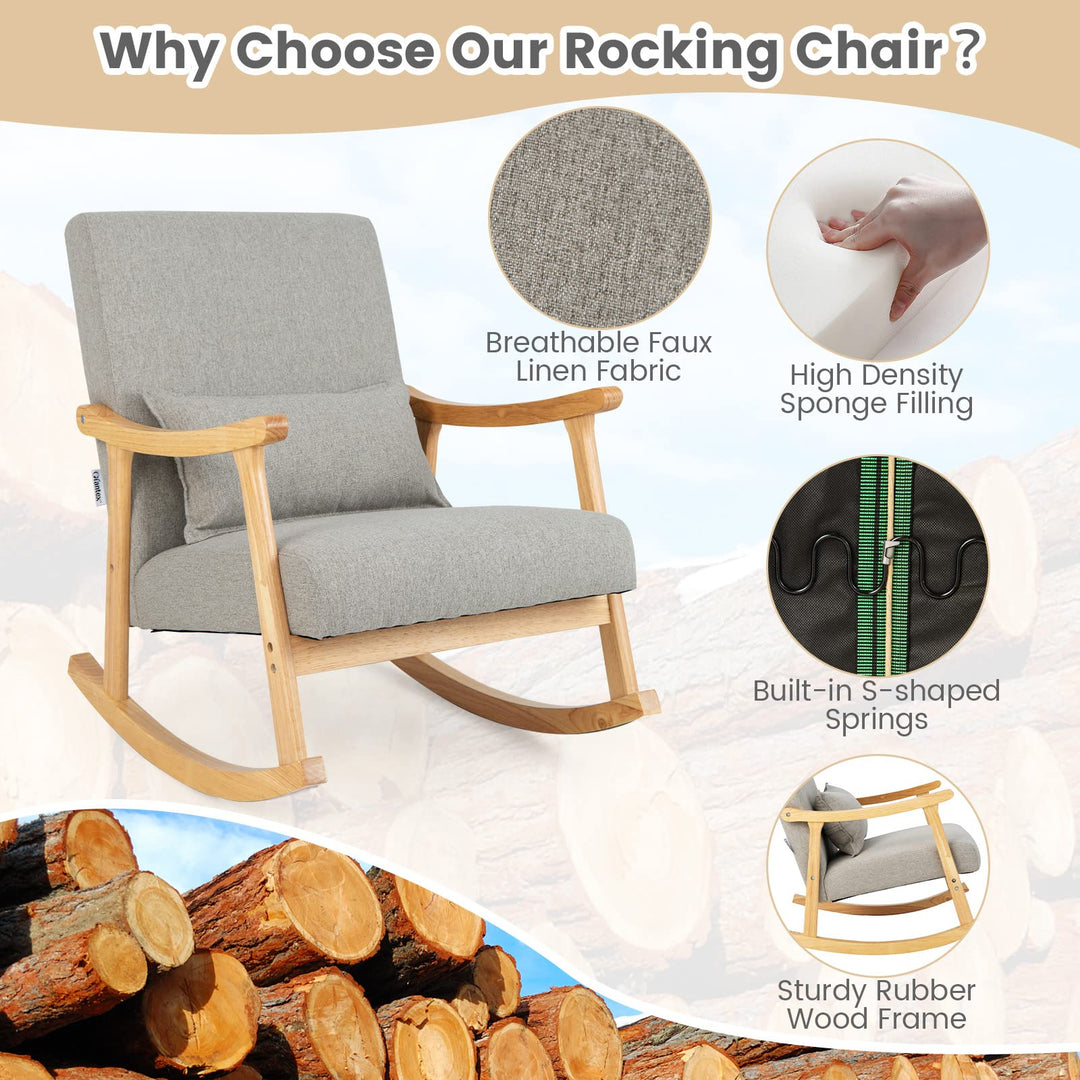 Giantex Upholstered Rocking Chair - Modern Rocker with Rubber Wood Frame, Comfy Backrest &amp; Seat