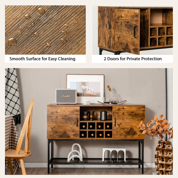 Giantex Industrial Buffet Sideboard, Freestanding Kitchen Cupboard with Wine Rack (Rustic Brown &amp; Black)