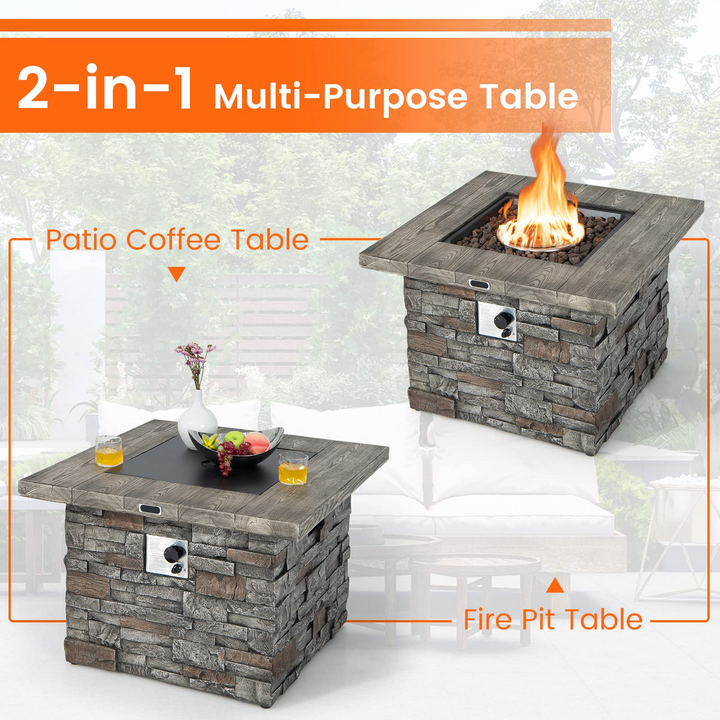 34.5" Propane Gas Fire Pit Table - Patio 2-in-1 Outdoor Square Fire Table W/ Volcanic Rock &amp; PVC Cover