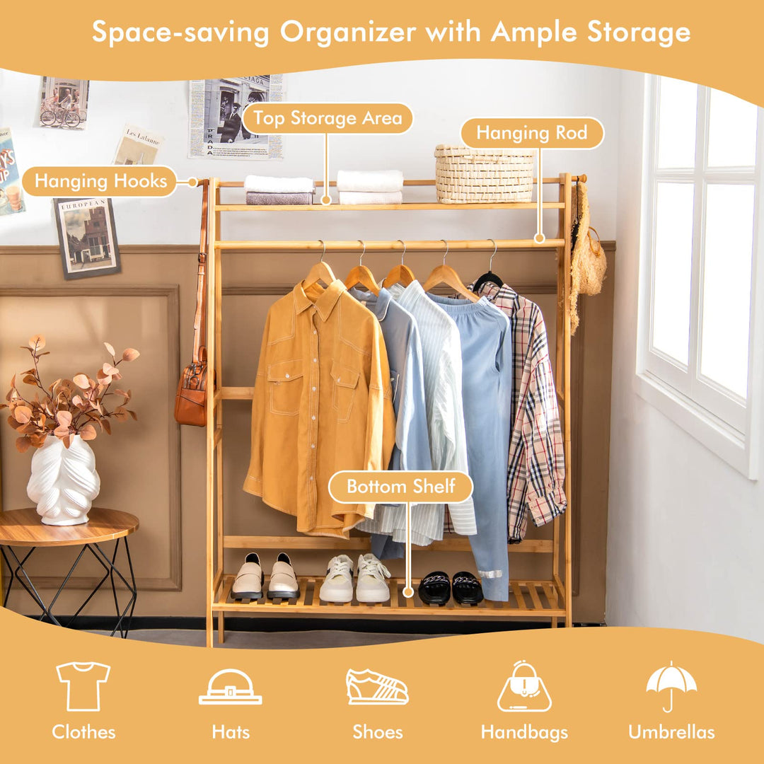 Giantex 3 Tier Bamboo Clothing Rack with Shelves, Heavy Duty Freestanding Clothes Organizer Rack with Coat Hooks