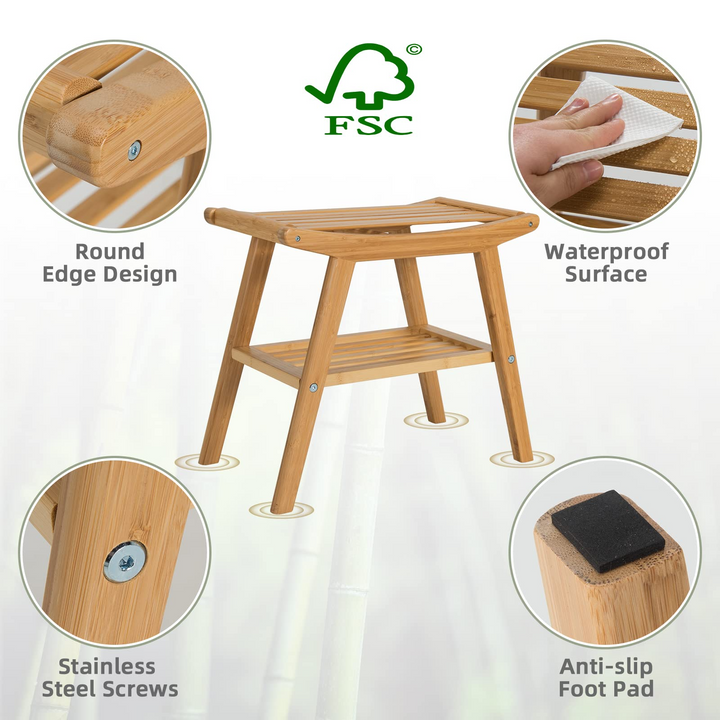Bamboo Shower Bench with Foot Stool, Shower Seat Bench with Underneath Storage Shelf