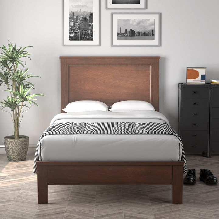 Queen/Full/Twin Size Platform Bed w/ Rubber Wood Legs &amp; Integrated Headboard | Wooden Bed Frame