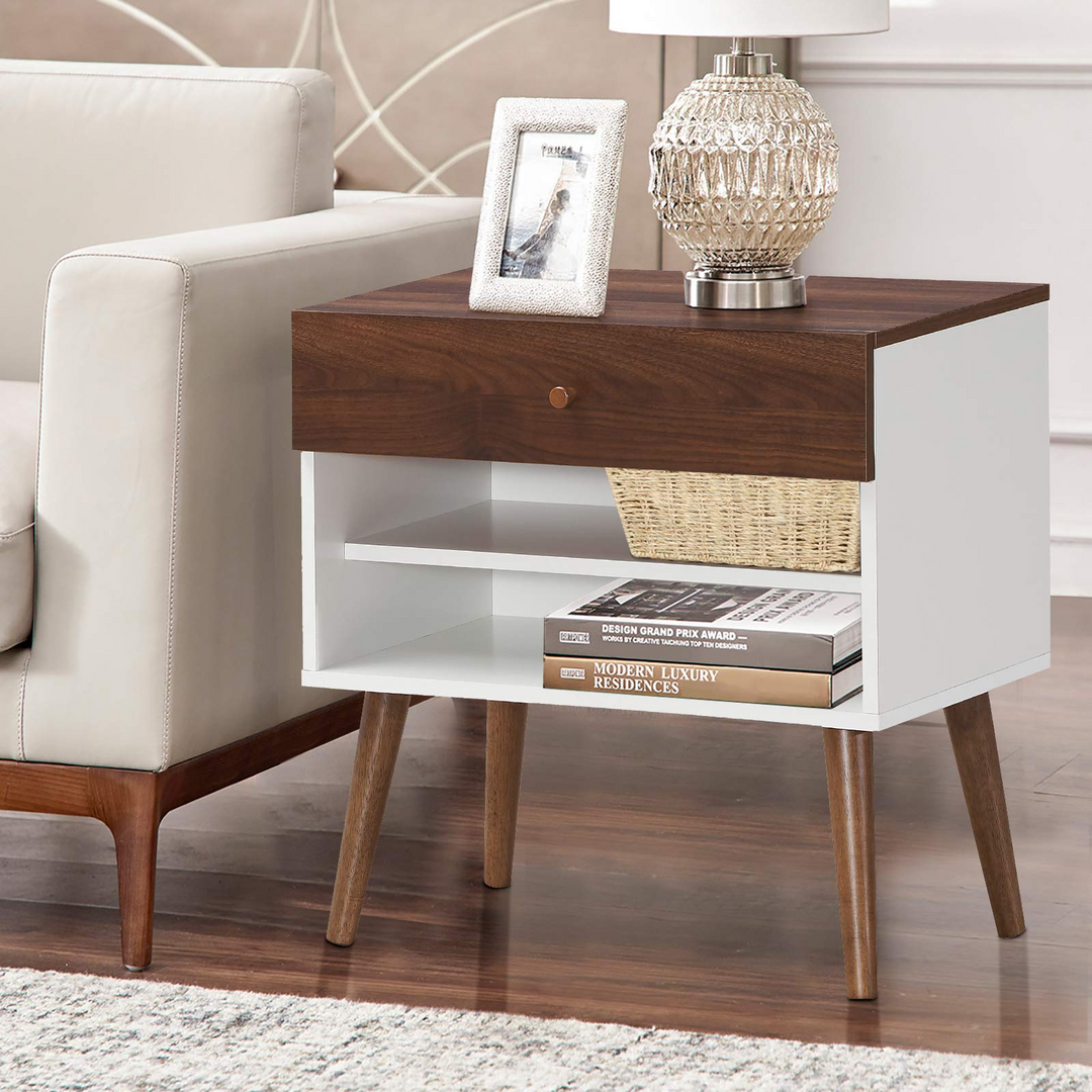 Nightstand with Drawer and Storage Shelves &amp; Rubber Wood Legs, Brown&amp;White