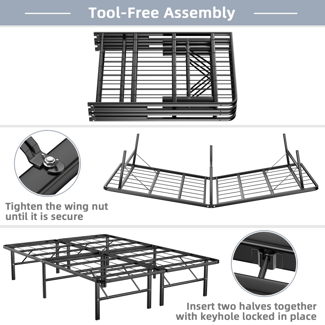 Queen/Full/Twin Size 14 Inch Foldable Metal Mattress Foundation | Heavy Duty Bed Frame with Steel Slat