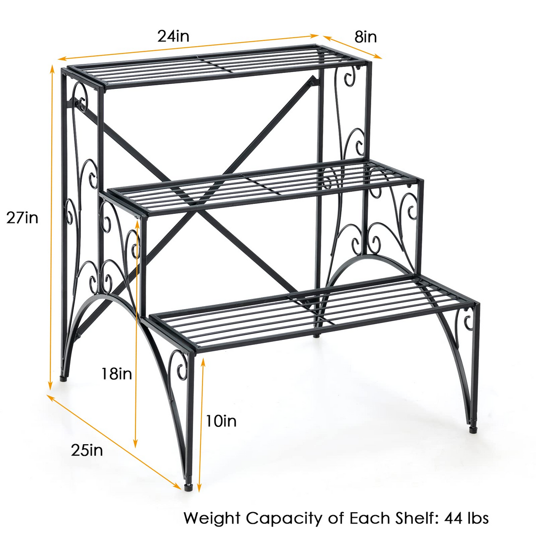 Ladder Style Flower Pot Stand with Widened Grid Shelf &amp; Non-Slip Foot Pads, 3 Tier
