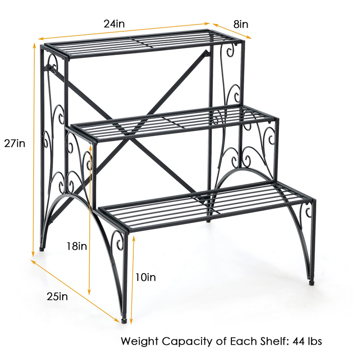 Ladder Style Flower Pot Stand with Widened Grid Shelf &amp; Non-Slip Foot Pads, 3 Tier