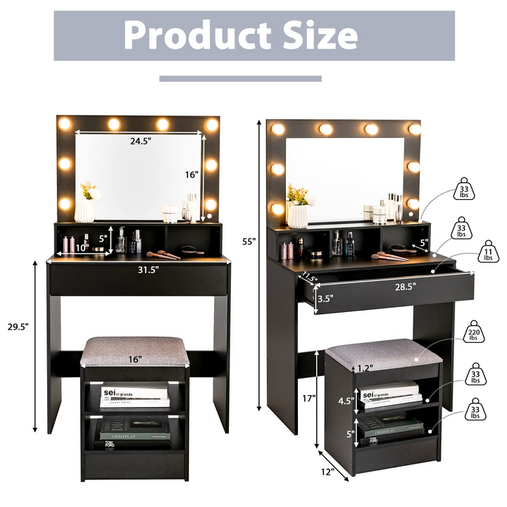 CHARMAID Vanity Table Set with Lighted Mirror, 8 Bulbs, Large Drawer