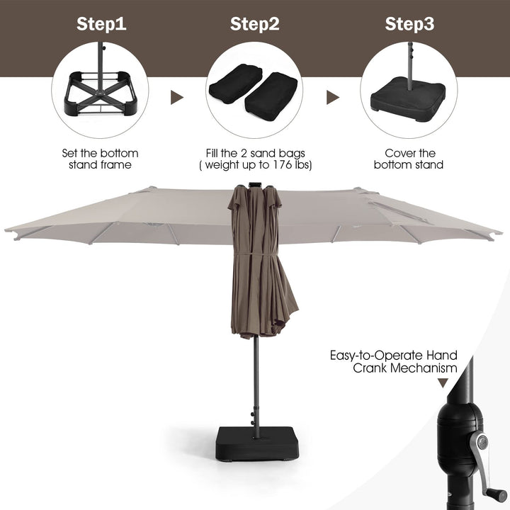 15ft Large Outdoor Umbrella Double-Sided, 48 Solar Lights, Auto-Charging Solar Panel